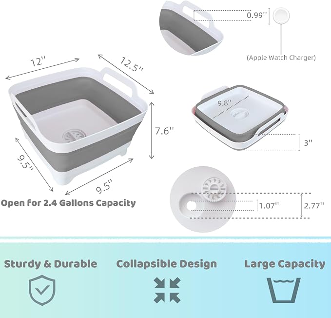 Collapsible Wash Basin with Drain Plug - 2.4 Gallon Foldable Kitchen Sink for Baby Bottles, RV Camping, Space-Saving Dish Tub (Gray) - Image 2