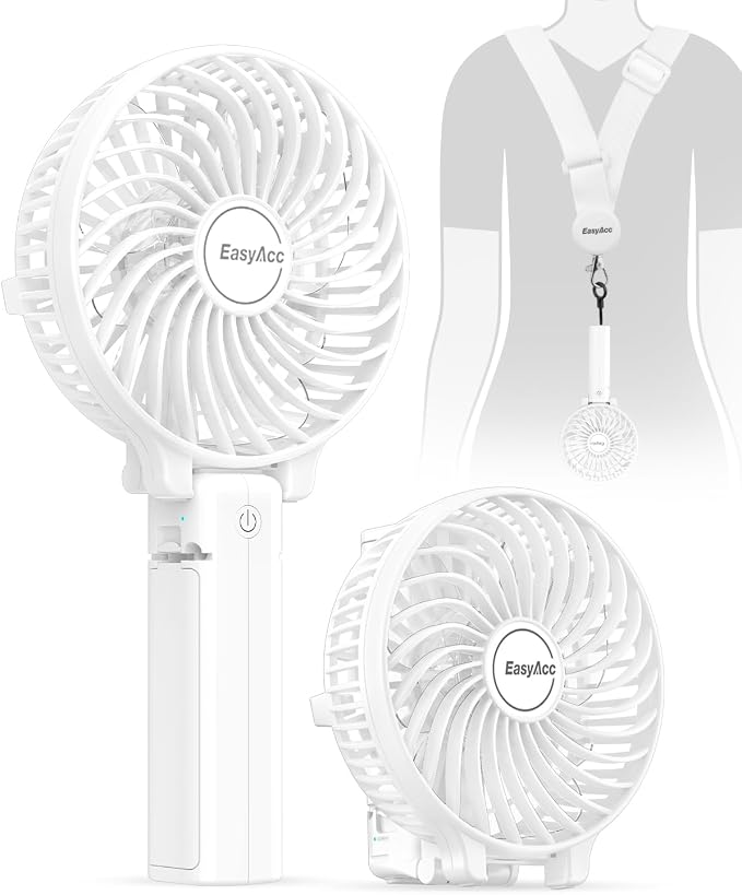 EasyAcc Handheld Fans [2x Crossbody Straps/2xDIY Stickers] for Portable Fan and Phones -Up to 10H Rechargeable Foldable Hand Desktop Fan for Home and Travel - White by EasyAcc