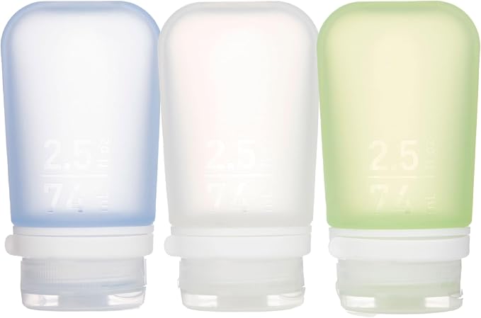 humangear GoToob+ 3-Pack, Medium (2.5 fl oz), Clear/Green/Blue | Refillable & Leak-Proof Silicone Travel Size Bottles with Locking Cap for Toiletries, Camping & TSA Carry-On by humangear