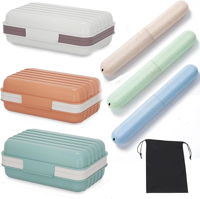 3Pcs Travel Soap Case and 3Pcs Toothbrush Travel Case Set,Leakproof Soap Dish with Lid Portable Toothbrush Holder for Traveling, Camping, Bathroom- Waterproof Drawstring Bag for Boot Backpack by Unknown