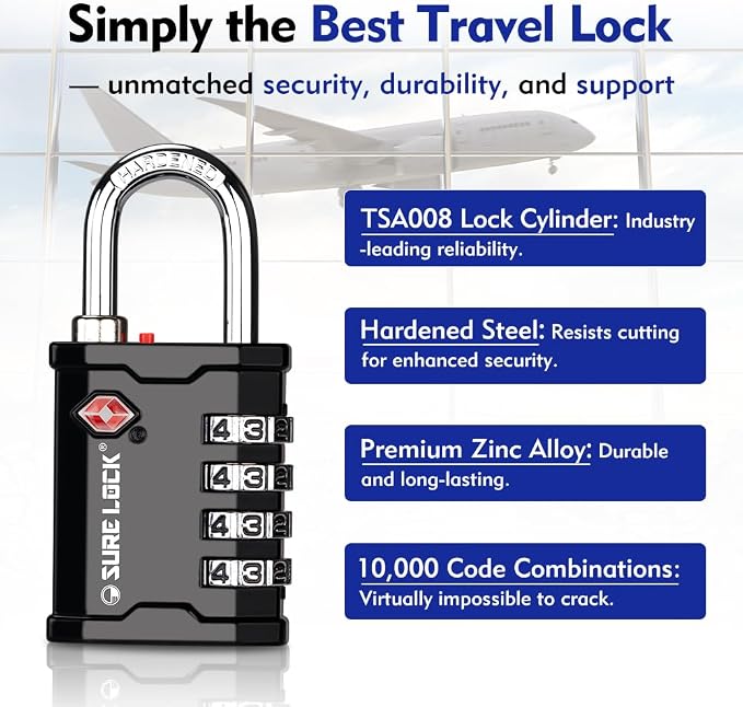 SURE LOCK TSA Accepted 4 Dig Heavy Duty Big Combination Luggage Padlock All Metal Travel Lock for Equipment Hard Case Luggage Gun Case Gym Locker Pelican Vault Lock(2, Black) - Image 7
