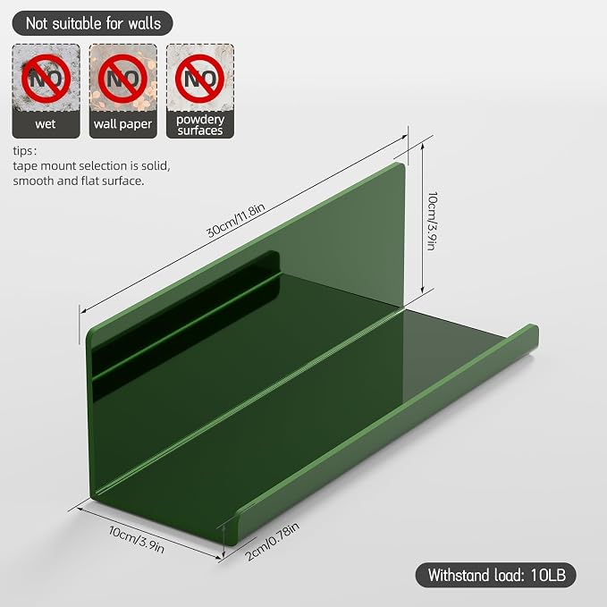 PAVSTINE Adhesive Floating Shelves for Wall No Drilling, 12 Inch Acrylic Self Adhesive Shelves, Stick on Shelves, Dorm Wall Shelf, for Bathroom, Kitchen, Bedroom, Office, Gaming Room, Green - Image 3