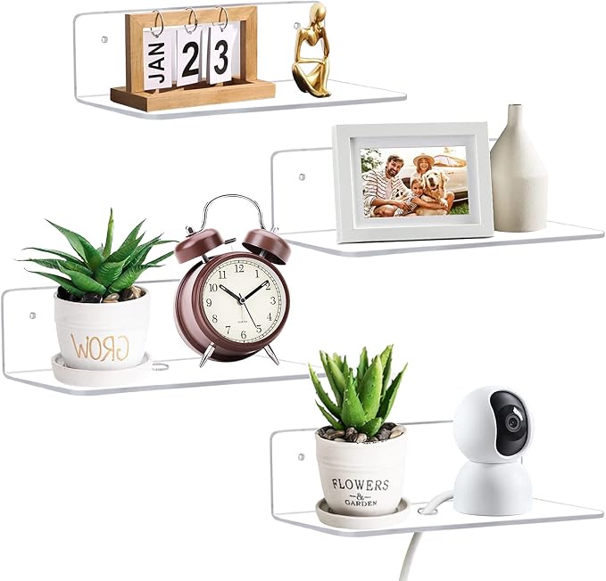 9 Inch Acrylic Floating Shelf, No Drill Adhesive Wall Shelf Set of 4 for Storage, Floating Shelves Damage-Free Expand Wall Space for Living Room, Office, Gaming Room, Bathroom by LUIUM