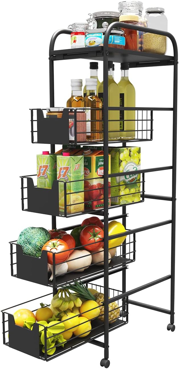 WHIFEA 5 Tier Slim Rolling Cart with Pull-Out Drawers, Multi-Layer Narrow Storage Shelf Organizer on Wheels, Metal Wire Baskets for Fruit, Dishes, Freestanding Unit for Kitchen, Bathroom, Home Office by WHIFEA