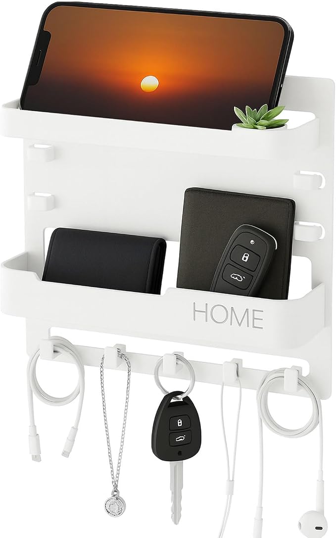 Wall Mount Bedside Shelf with Hooks, Adhesive Bedroom Organizer Storage for Phone, Remote, Kindle, Earphone, Dorm Room, RV, Office – Plastic Storage Rack (White) by FTNA