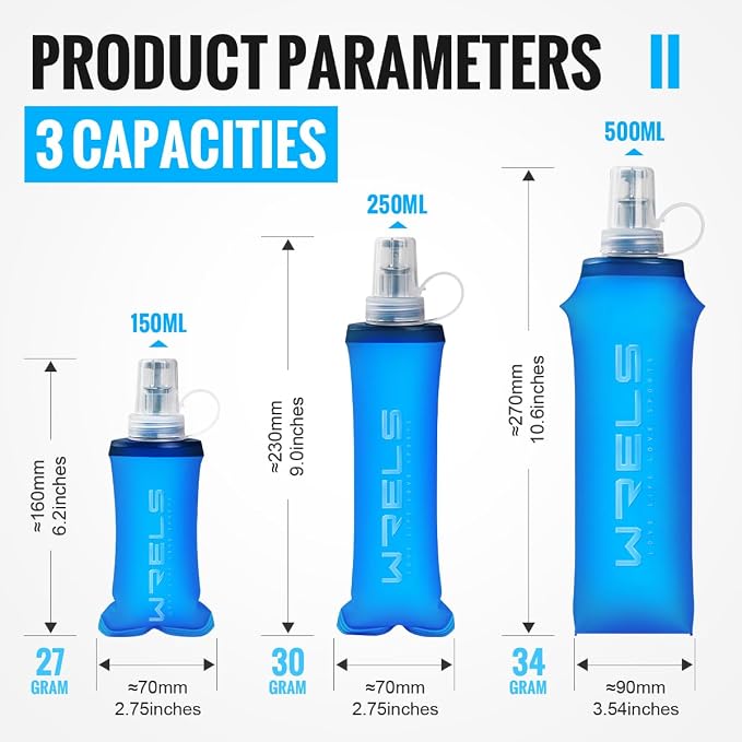 WRELS TPU Collapsible Soft Flask,Lightweight PBA Free Folding Running Water Bottles,Leakproof Durable Hydration Flask for Outdoors (500ml/16.9oz-2 Packs-Dark Blue) - Image 6