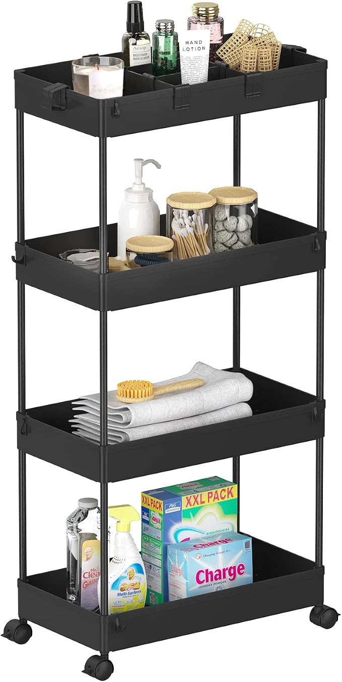 4 Tier Rolling Cart with Wheels, Storage Craft Art Trolley Organizer Serving, 3 Hanging Baskets Easy Assembly, for Office, Living Room, Kitchen - Image 6