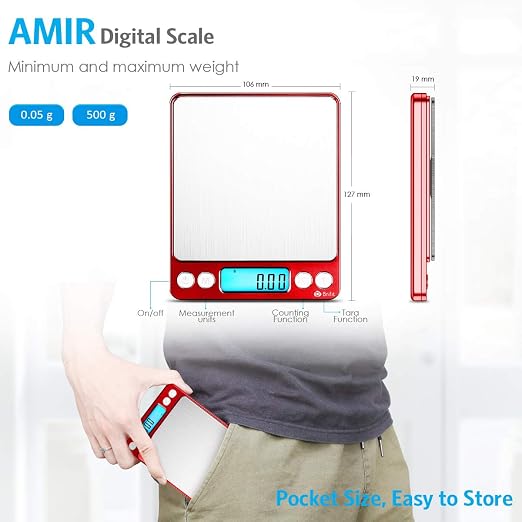AMIR Upgraded Digital Kitchen Scale, 500g Mini Pocket Jewelry Scale, Cooking Food Scale with Back-Lit LCD Display, 2 Trays, 6 Units, Auto Off, Tare, Stainless Steel (Batteries Included) - Image 6