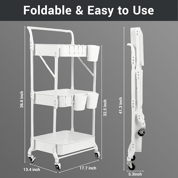 Amatic 3-Tier Folding Rolling Utility Cart with Wheels, Foldable Storage Cart Organizer with 3 Hanging Cups & 6 Hooks for Kitchen, Office, Living Room, Nursery(White) - Image 2