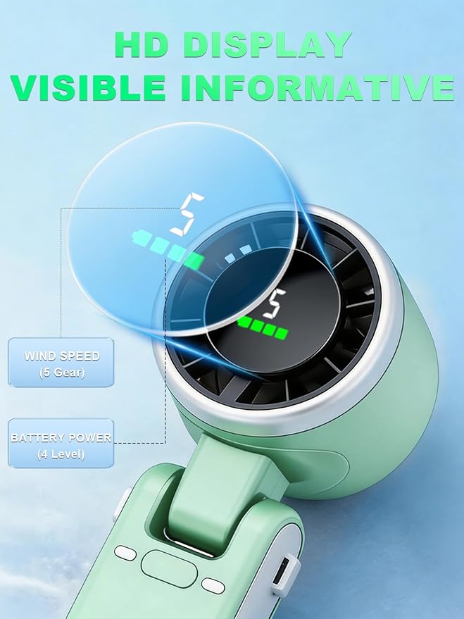Portable Handheld Turbo Fan, 5 Gear Wind, Battery Operated, Up to 13 Working Hours Rechargeable Fan, 3 IN 1 Hand Fans with Air Turbo Tech Cooling Fan for for Travel, Beach, Outdoor - Green - Image 8