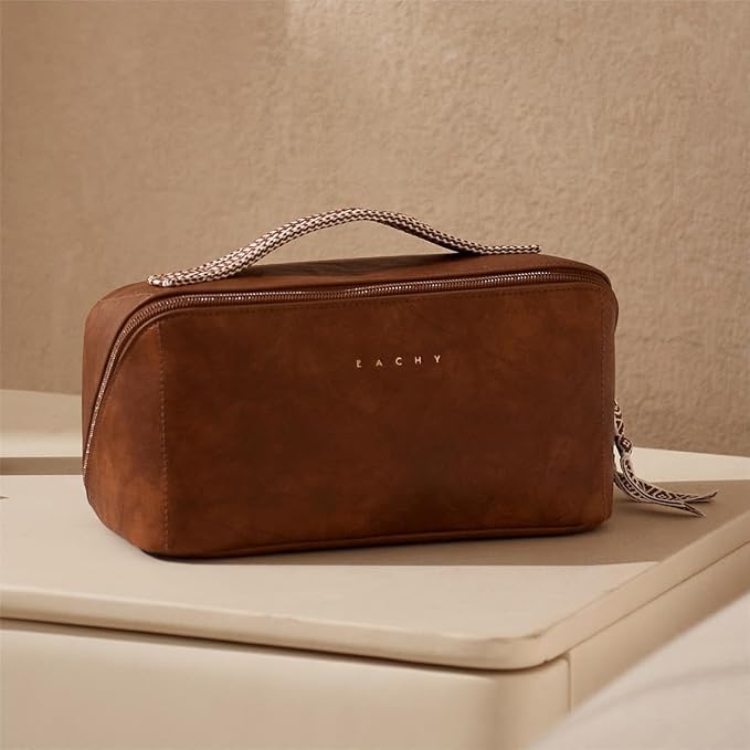 EACHY Travel Makeup Bag for Women, PU Leather Cosmetic Bag, Brown, Large | Water-resistant PU leather exterior with flat-open access, clear TPU brush compartment and organized storage for cosmetics - Image 7