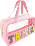 Bunliuys Chenille Letter Clear Makeup Bag Travel Patch, Travel Toiletry Makeup Bag with Handle, Nylon Waterproof Makeup Bags clear cosmetic bag, preppy patch makeup bag for Women (TRAVEL-Pink) by Bunliuys