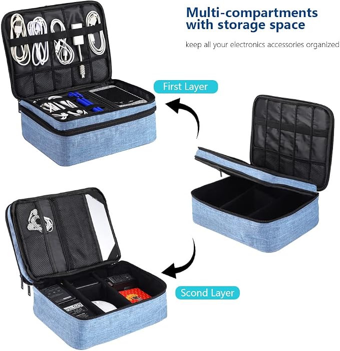 Travel Electronics Organizer, Waterproof Cable Organizer Bag for Electronic Accessories Double Layer Large Shockproof Cable Storage Bag for Cord, Power Bank, Tablet(Up to iPad 11 inch) - Denim blue - Image 3