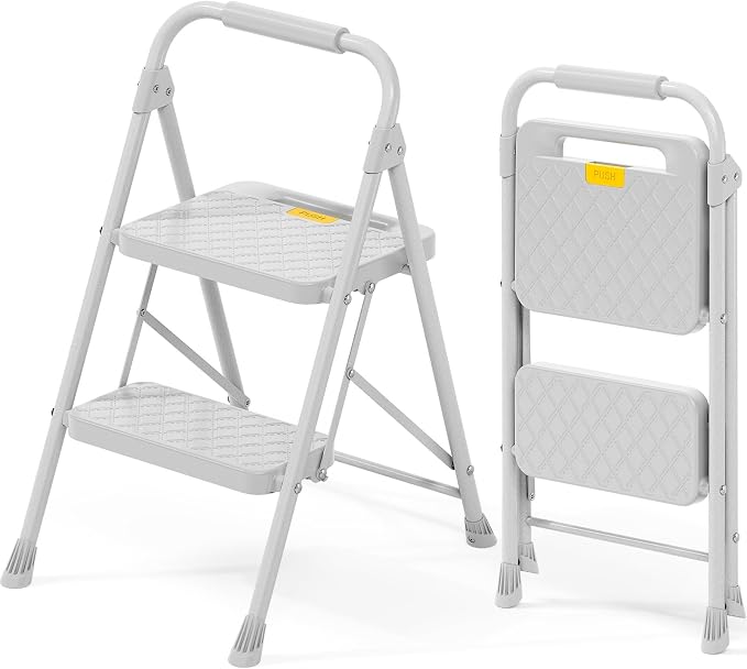 KINGRACK 2 Step Ladder, Folding Step Stool with Safety Lock & Sturdy Anti-Slip Pedals, Pass 800lbs Load Testing, Lightwegiht, Portable Steel Ladder with Handrails for Home, Kitchen, Garage, Office by KINGRACK