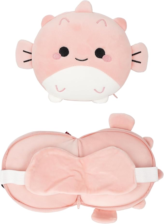 U Scinan Cute Animal 2-in-1 Travel Pillow and Eye Mask – Portable Neck Pillow with Adjustable Strap, Soft Plush Support for Airplane, Car, Train(Pufferfish) - Image 7