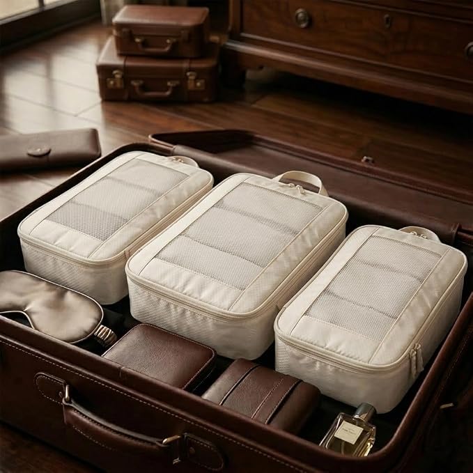 G-FORCE 3PC Compression Mesh Mid-Rectangular Packing Cube Set Stone Color | Space Saver Travel Organizer | Luggage Compression Cubes - Image 9