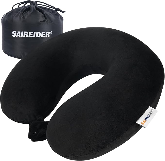 SAIREIDER Travel Pillow 100% Pure Memory Foam Travel Neck Pillow with Storage Bag, Airplane Pillow for Traveling、Car、Home、Office，Washable Cover（Black） by SAIREIDER
