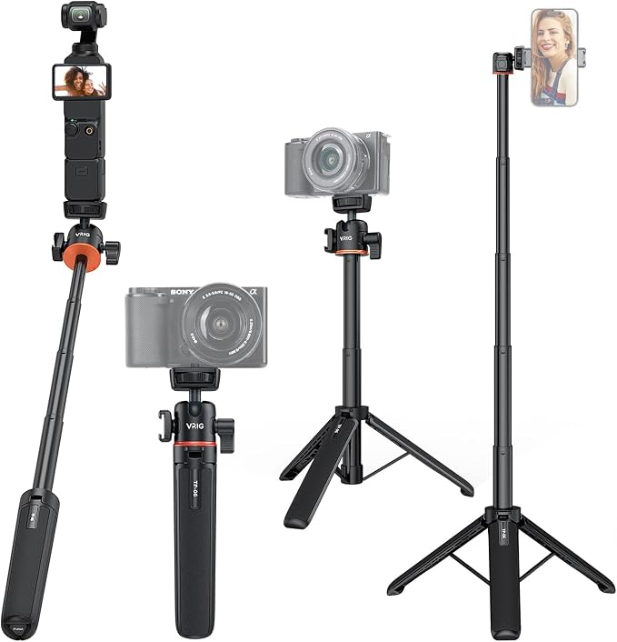 VRIG 21.6" Extension Pole Tripod for DJI Osmo Pocket 4/3,Insta360 Luna Ultra, Mini Selfie Stick Tripod Stand Handle Grip for Insta360 X5,Xtra Muse Webcam Canon G7X Mark III Sony Cameras Vlogging by VRIGSelect