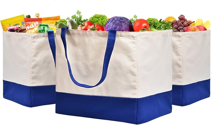 3 Pack Canvas Reusable Grocery Bags Heavy Duty, 8.3 gal Foldable Large Tote Bag with Handles, Holds 60 lbs Canvas Shopping Bags & Washable Eco-friendly Bags with 5 Pockets, Blue+Off White by CNaiyunpin