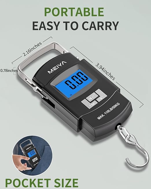 MEIYA Fish Scale 110lb/50kg Digital Fishing Scale with Backlit LCD, Portable Handle, Stainless Steel Hook & 2 AAA Batteries – Reliable Fishing Gear & Great Fishing Gifts for Men - Image 6