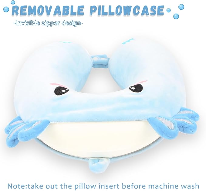 Travel Pillow, Kids Travel Pillow with Sleep Eye Mask Soft Memory Foam Kids Neck Pillow for Boys & Girls, Travel Accessories for Car Airplane Traveling - Blue Axolotl - Image 4