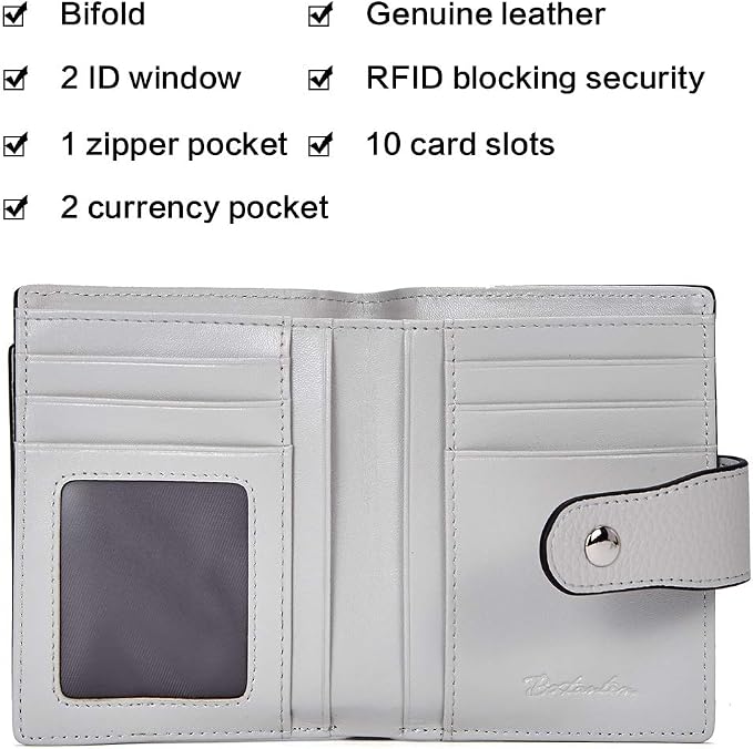 BOSTANTEN Leather Womens Wallet Small RFID Blocking Credit Card Holder | Removable ID Window, Zipper Coin Pocket, Bifold, Minimalist, Fits Small Purses, Daily Use, Ladies Gifts, Grey - Image 5