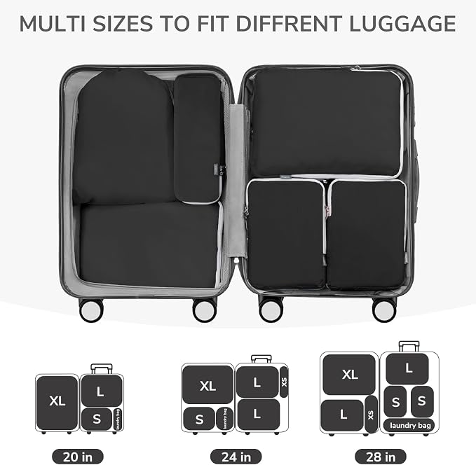 7 Set Compression Travel Packing Cubes for Suitcases, Black | Travel Essentials for Suitcase, Luggage Organizer Bags for Travel with Shoe Bag, Travel Bags for Shoes, Clothing - Image 5