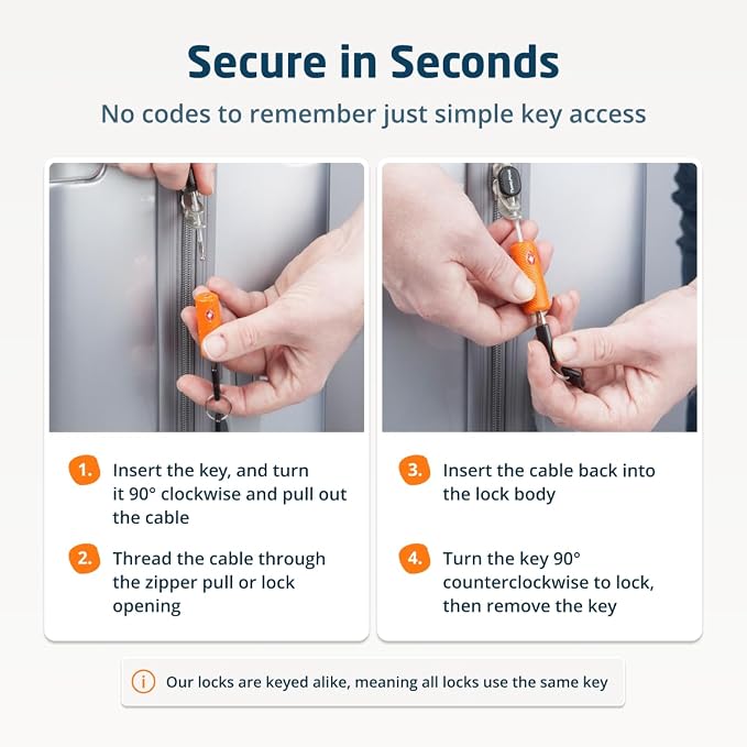 TSA Approved Locks for Luggage with Keys, Secure Travel Locks | Durable, Flexible Cable, Zinc Alloy Body, Easy to Use, Compact, for Suitcases, Backpacks, Cases, Zippers, 4-Pack, Orange - Image 4