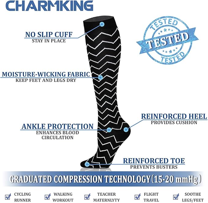 CHARMKING 6 Pairs-Compression Socks for Women & Men Circulation Best Support for Nurses, Running, Athletic,Flight Travel - Image 4