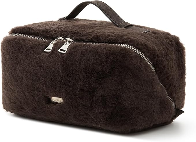 EACHY Travel Makeup Bag for Women, Faux Fur Cosmetic Bag, Brown, Medium | Faux fur bag with flat-open access, inner storage and clear TPU brush pocket for makeup, toiletries and travel essentials by EACHY