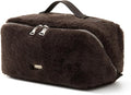EACHY Travel Makeup Bag for Women, Faux Fur Cosmetic Bag, Brown, Medium | Faux fur bag with flat-open access, inner storage and clear TPU brush pocket for makeup, toiletries and travel essentials by EACHY