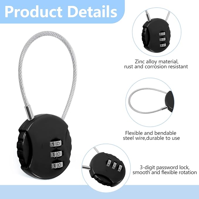 8 Pack 3 Digit Combination Cable Padlock,Black Color | Resettable for Gym Locker Luggage Backpack, Waterproof Outdoor Security, Small Combo Lock for Travel School Storage - Image 3