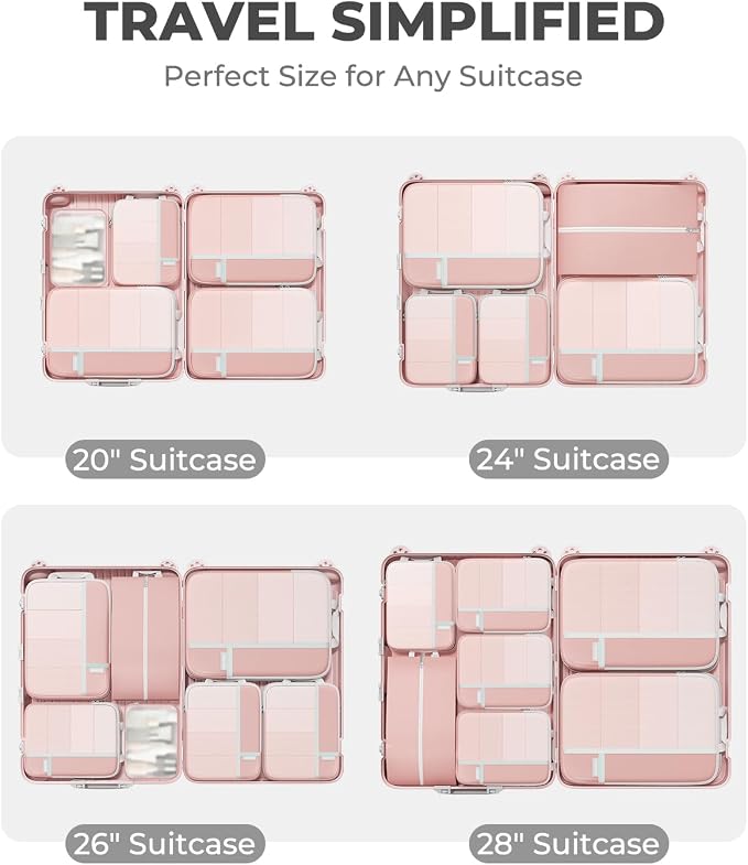 Percover Compression Packing Cubes for Travel, 8-Piece Structured Compression Organizer Set with Laundry Bag & Shoe Bag for Carry-On & Checked Luggage, Pink - Image 6
