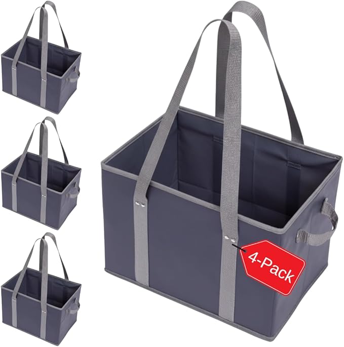 BAG-THAT! 4pk Reusable Grocery Bags Shopping Bags Tote Box Large Heavy Duty Groceries Bag Handles Foldable Reinforced Bottom (Navy Blue/Gray) by BAGTHAT