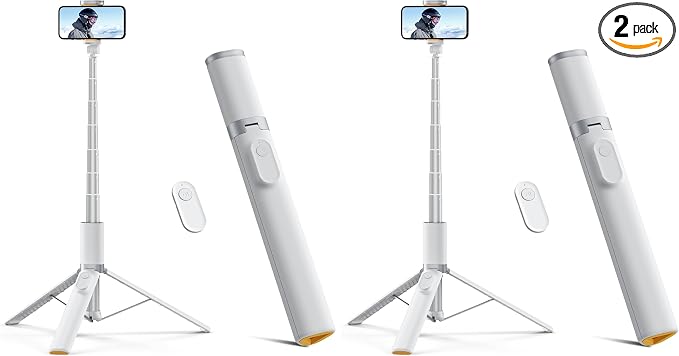 TODI 63" Phone Tripod, Extendable Selfie Stick with Wireless Remote and Phone Holder, Portable All-in-1 Cell Phone Tripod Stand for Video Recording, Compatible with iPhone/Android (White) (Pack of 2) by TODI