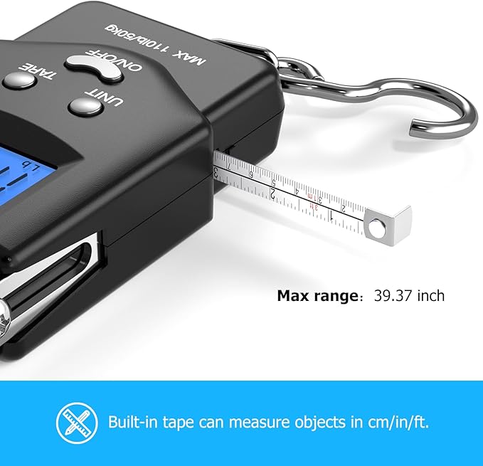 Dr.meter Fish Scale, 110 lb Digital Luggage Scale with Tape | 110 lb Capacity, Backlit LCD, Built-In Tape, Includes 2 AAA Batteries, Compact Pocket Size - Image 5