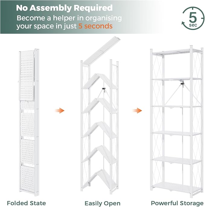DEANIC 6-Shelf Folding Bookcase with Wheels, Heavy Duty Storage Shelves, Freestanding Metal Wire Shelving Unit for Living Room, Office, Kitchen, Basement, Pantry (White) - Image 3
