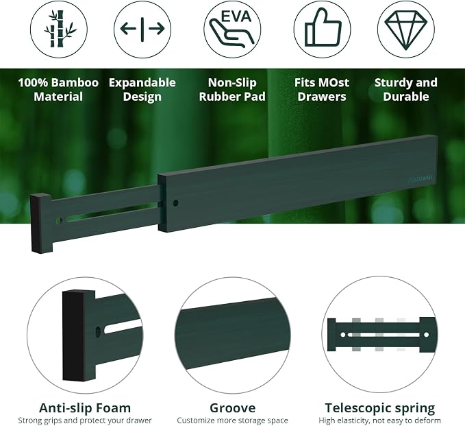 Expandable Bamboo Drawer Dividers Organizers, Drawer Separators Splitter,17-22 inches Long Adjustable Spring-loaded Organizer for Large Utensil, Clothes, Tools(Dark Green) - Image 2