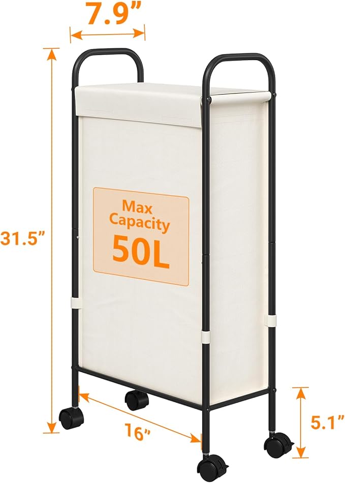 ELYKEN Slim Laundry Hamper with Lid & Wheels, 50L Rolling Laundry Basket | 7.9" Narrow Design, 50L, Removable Liner Bag, Lockable Wheels, Space Saving Clothes Hamper for Bathroom, Bedroom, Closet - Image 3