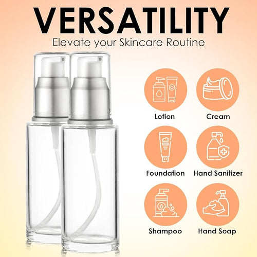 1.7 Oz 50ml Refillable Luxury Clear Glass Lotion Travel Pump Bottle with Silver Cap for Cosmetics, Lotion, Body Cream, Sanitizers, Cream, Foundation (Pack of 2) | Silver Cap, Luxury, Serum, Foundation, Body Cream, Sanitizer, Cosmetics, Travel - Image 2