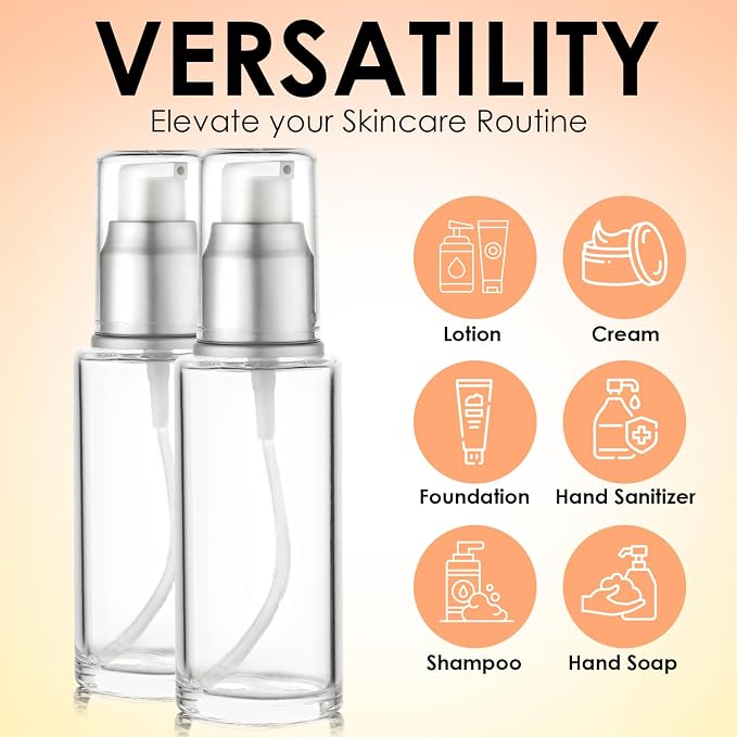 Clear Glass Pump Bottle (4-Pack) 1.7 Oz 50ml - Refillable, Lotion | Silver Cap, Luxury, Serum, Foundation, Body Cream, Sanitizer, Cosmetics, Travel - Image 2