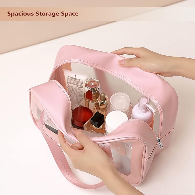 DAPOWER Travel Toiletry Bag for Women, Matte Translucent Shower Bag with Handy Handle, Makeup Cosmetic Organizer Bag for Travel Toiletries Accessories (Pink) - Image 2