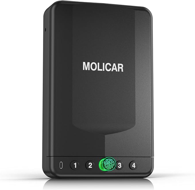 Biometric Gun Safe Small Fingerprint Pistol Case for Car,Fits 1-2 Handguns | Portable Travel Gun Case,3 Ways Quick Access Pistol Safe,Security Cable,Power Supply,Vehicle,Nightstand,Bedside,Drawer by MOLICAR