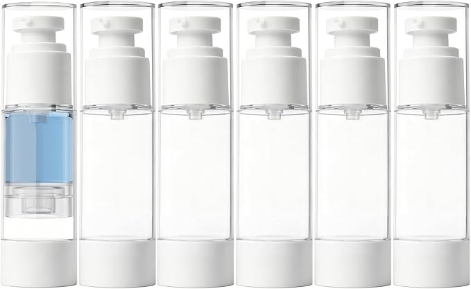 Clear Airless Pump Bottles, Vacuum Travel Cosmetic Containers | 1OZ/30ML 6Pack Lotion Dispenser Pump Bottles; For Cream, Foundation & Skincare Cosmetics; With Labels & Wooden Sticks by GIVITASOT