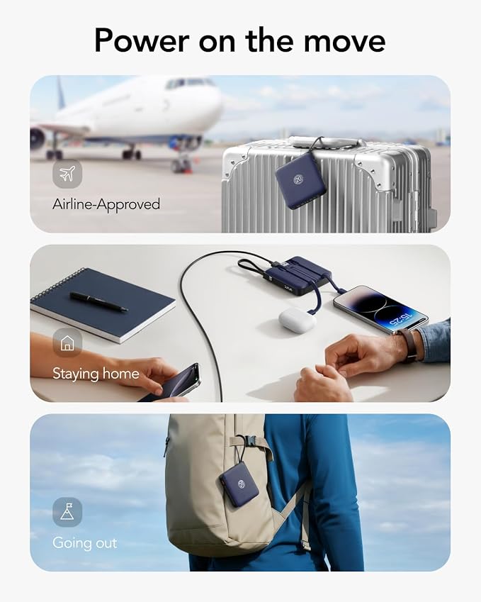VRURC 10000mAh Portable Charger for iPhone with Built-in Cables | 22.5W Fast Charging Power Bank, LED Display, Compact Battery Pack for iPhone 17/16/15 Series, Samsung Galaxy Devices(Navy) - Image 5