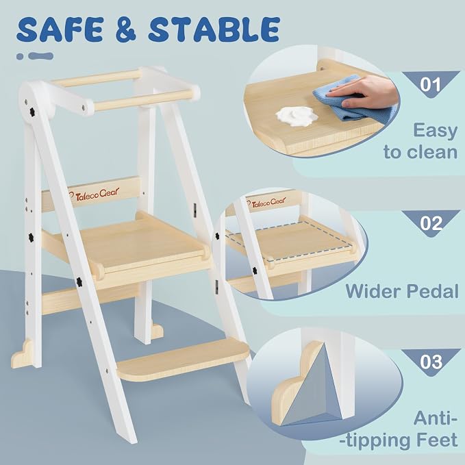 Foldable Toddler Kitchen Stool Helper with 3 Adjustable Heights,Aged 1-6 | CPSC Test,Wooden Collapsible Toddler Tower with Safety Rails&Feet,Wide Pedal,for Kitchen Cooking, Baking or Washing Hands - Image 3