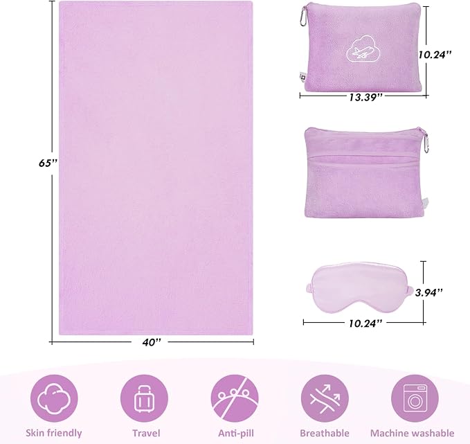 Travel Blanket Pillow,Airplane Blanket Compact with Bag Eye Mask, Ultra-Soft,Warm & Lightweight Included,Travel Essentials for Women & Men, Luggage Sleeve & Backpack Clip 65x40 in,Purple - Image 6