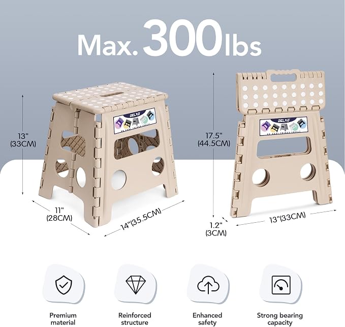 Delxo Folding Step Stool 13 Inch,300 Lbs Step Stool for Adults Khaki | Foldable Step Stool 13",Non-Slip Foot Stools with Handle,Lightweight Collapsible stools for Kitchen,Bathroom,Bedroom,Garden - Image 2