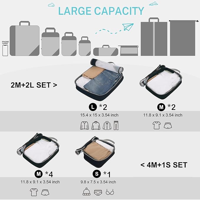 Gonex Compression Packing Cubes for Travel, Mesh Bags Luggage Organizers | Set of 4/5/6/7/10 for Essentials, Extensible, Fits 20"Carry-on Suitcases, See-through Mesh, Double Zipper Compression - Image 3