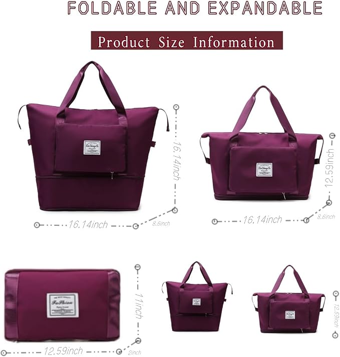 Large Capacity Foldable Travel Bag, Expandable lightweight Carry on Bag, Dry with Wet Separation Spor Duffel Bags (Fuchsia) - Image 2